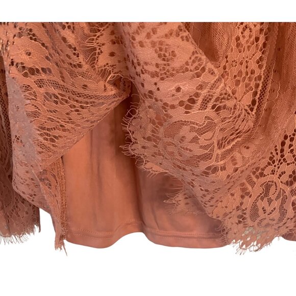 ULTRA Pink Solid Pink 100% Lace Peplum-Waist Lined Long Bell Sleeve Blouse NWT L - Picture 8 of 10